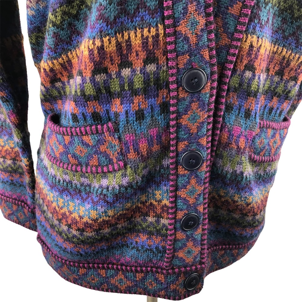 Vintage Peruvian Connection Handmade 100% Alpaca Mixed Print Cardigan Petite - Picture 2 of 10